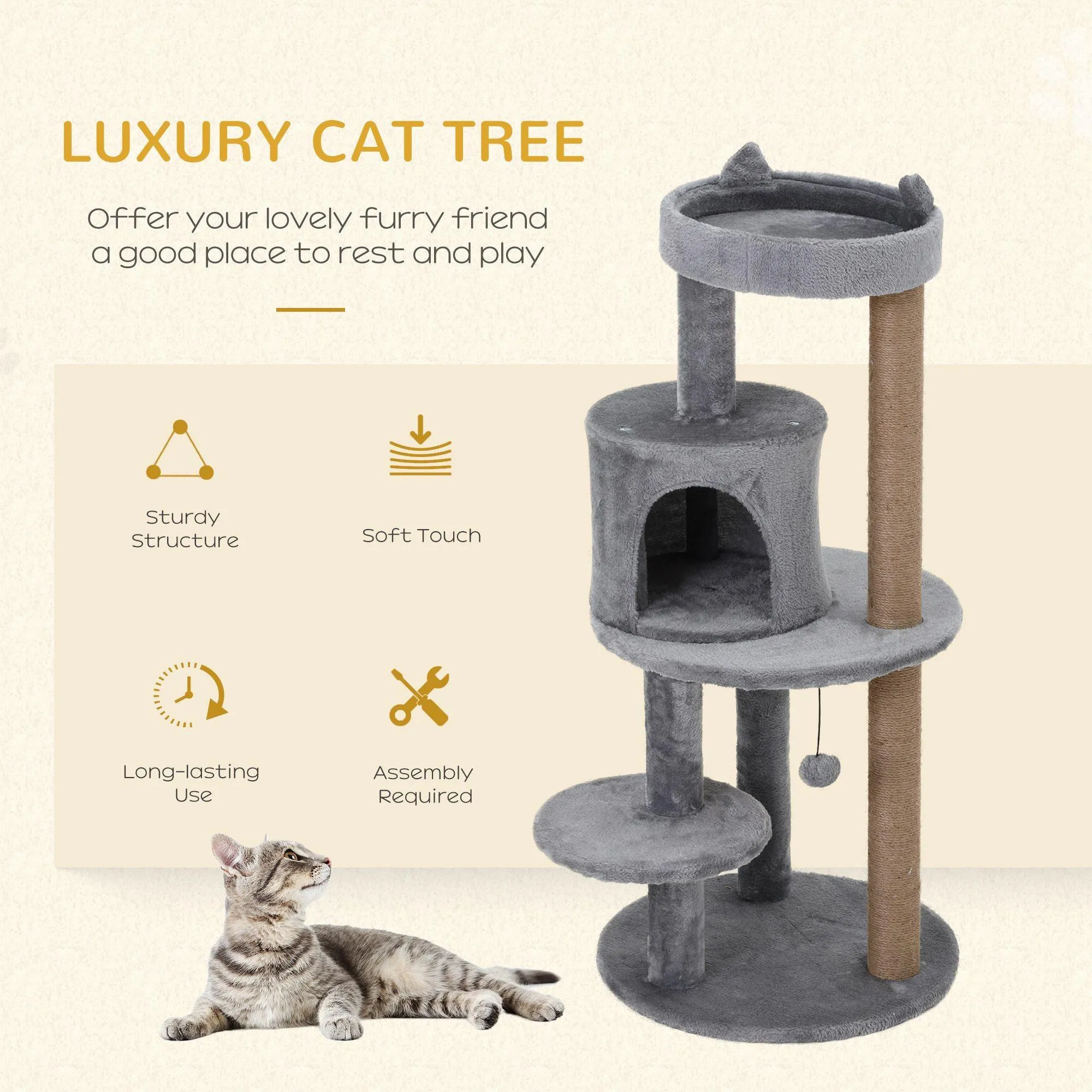 Deluxe 3-Tier Cat Condo Tower, 104cm - Grey