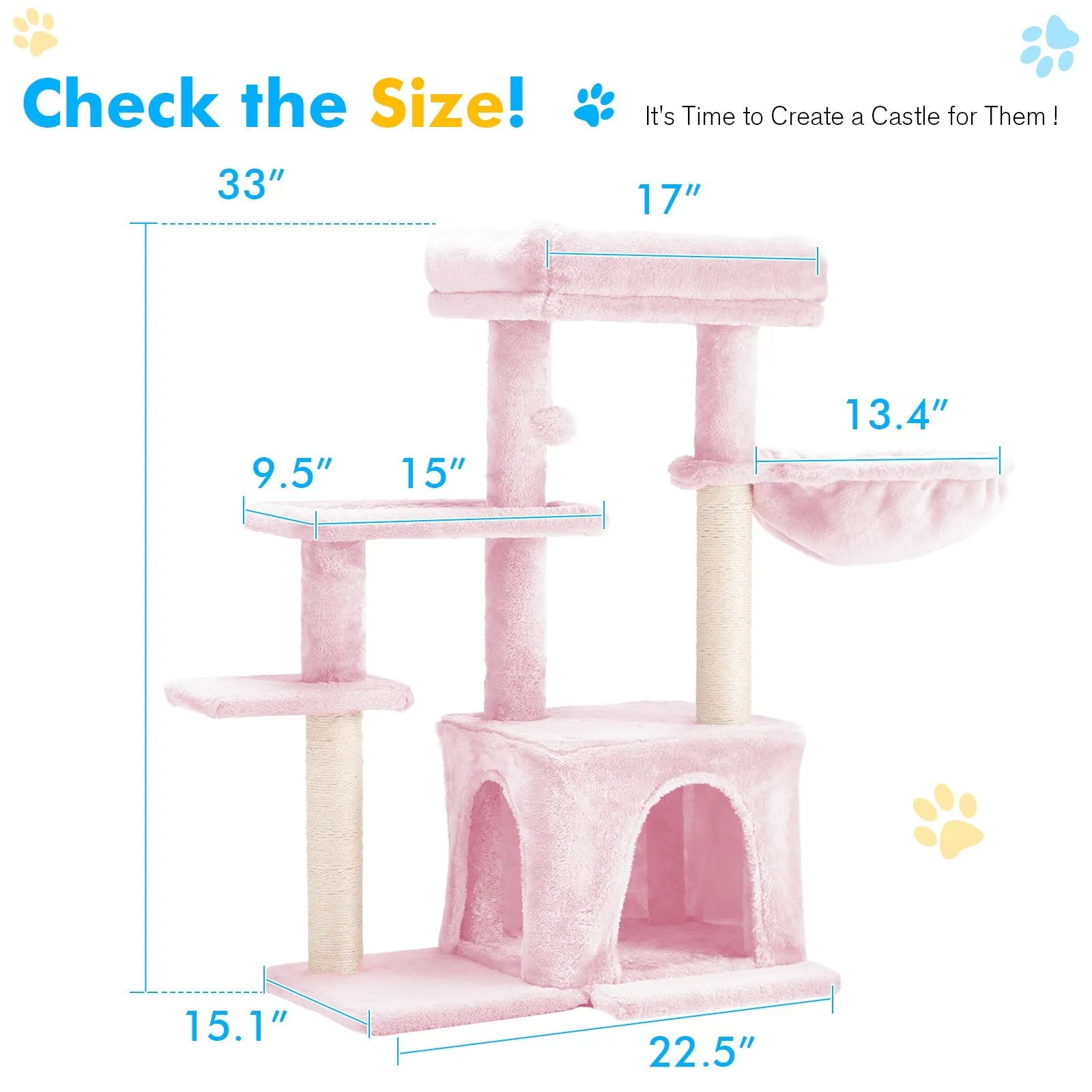 EROMMY 33 inches Multi-Level Cat Tree Cat Tower for Indoor Cats, Cat Condo with Scratching Post, Pink