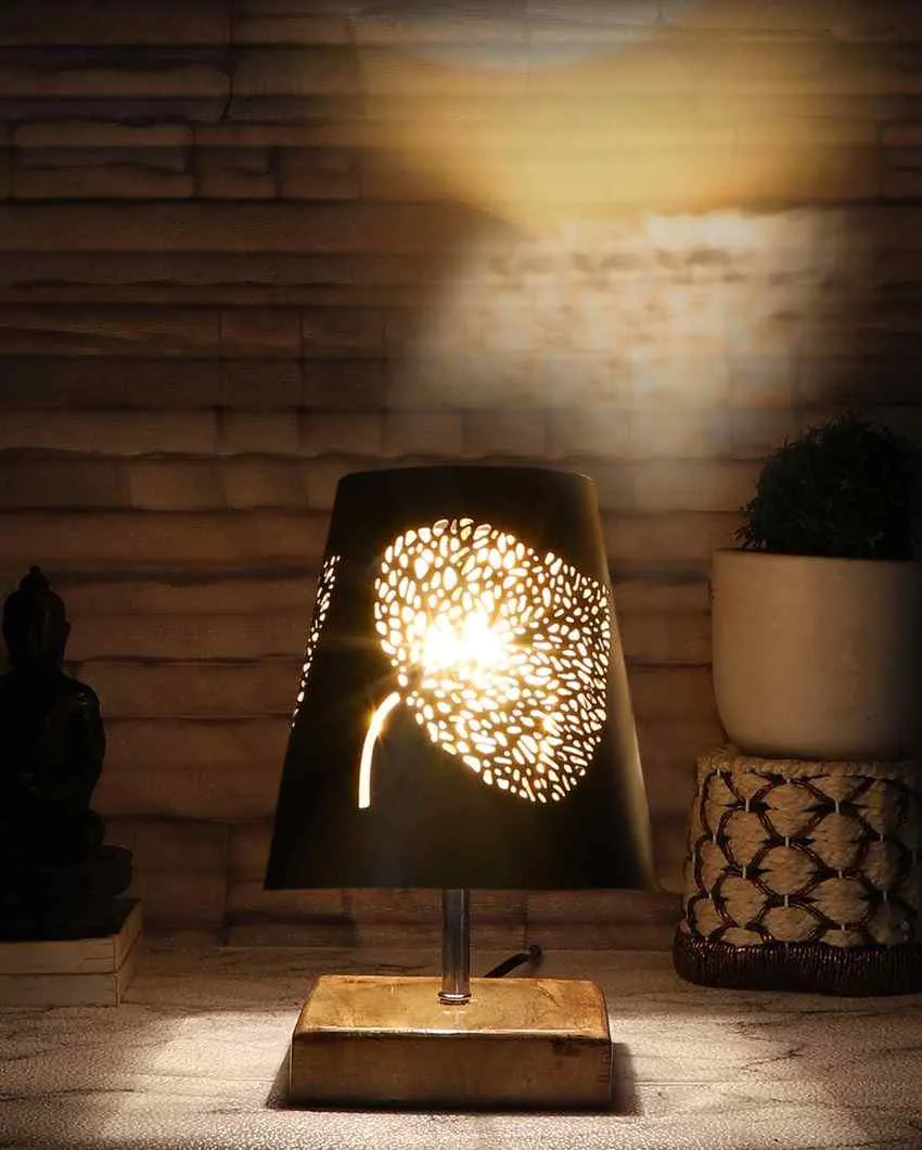 Leaf Metal Etching Table Lamp With Natural Wood Square Base | 6 x 8 inches