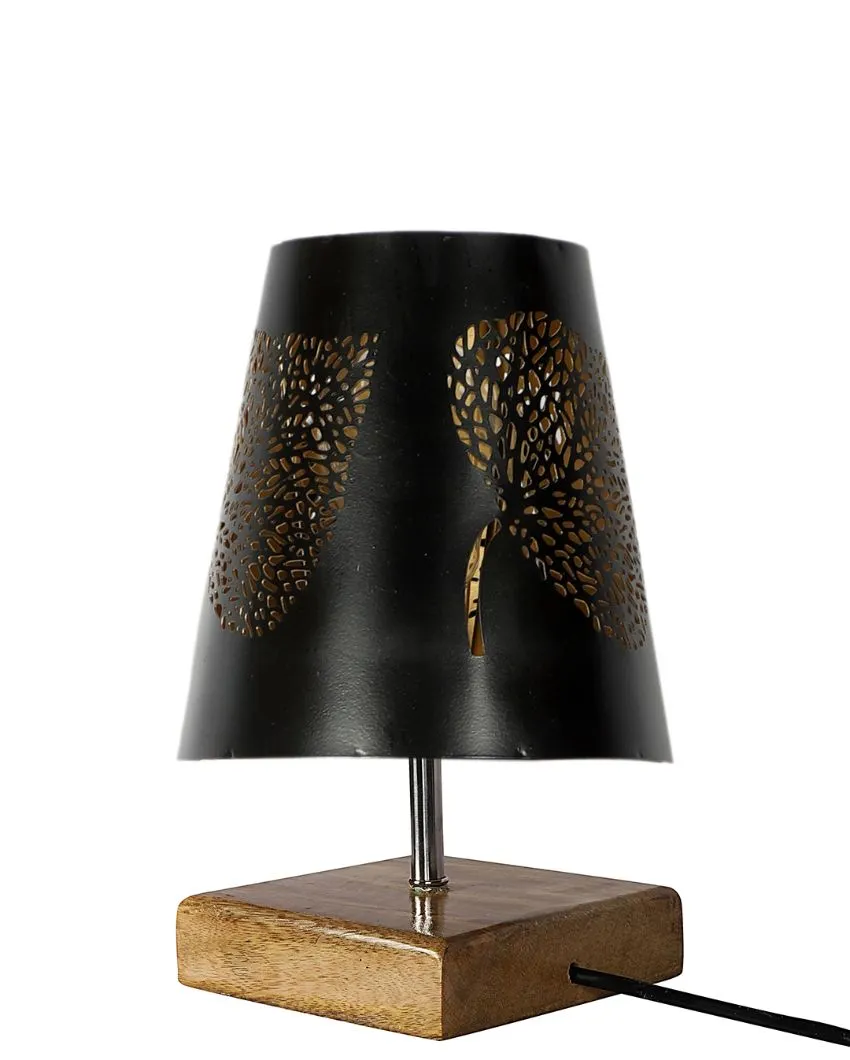 Leaf Metal Etching Table Lamp With Natural Wood Square Base | 6 x 8 inches