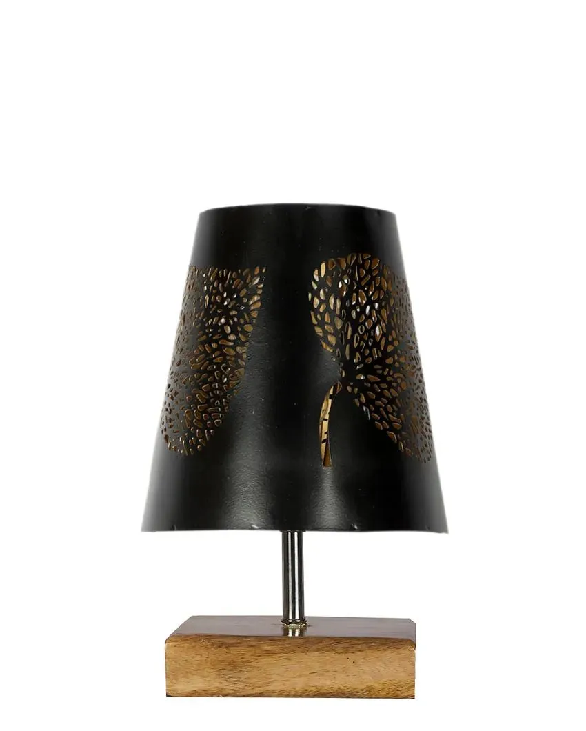 Leaf Metal Etching Table Lamp With Natural Wood Square Base | 6 x 8 inches