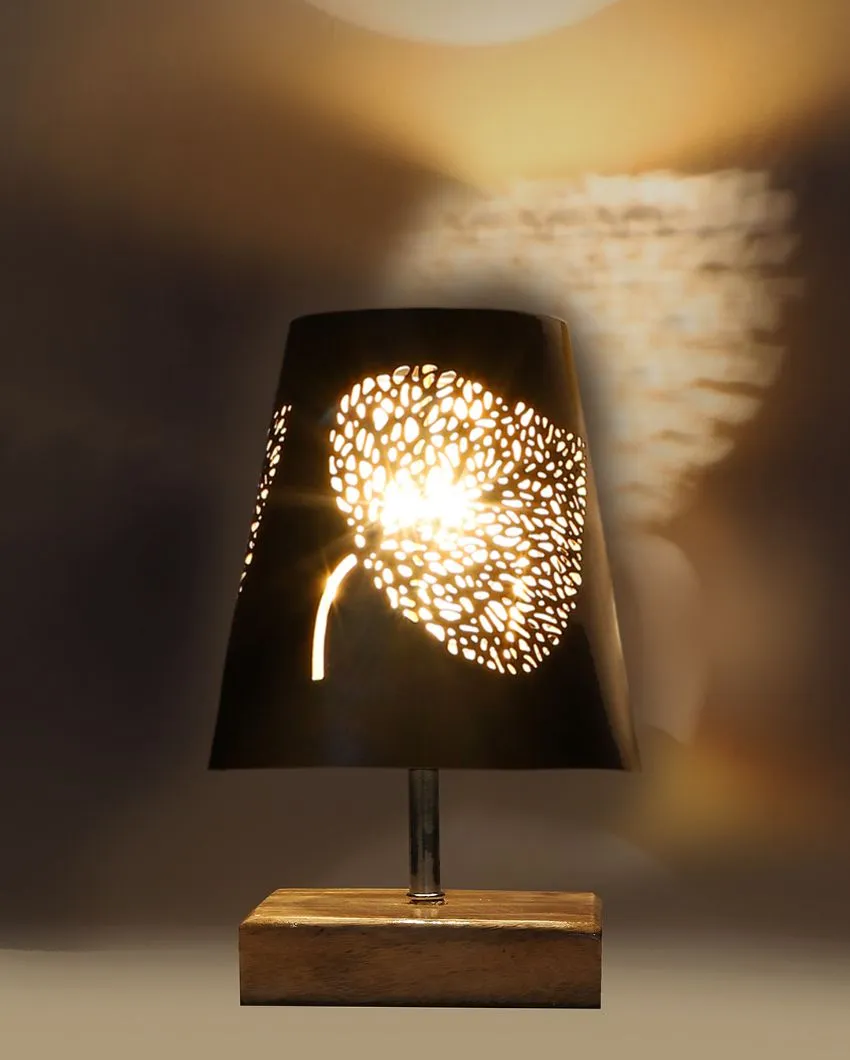 Leaf Metal Etching Table Lamp With Natural Wood Square Base | 6 x 8 inches