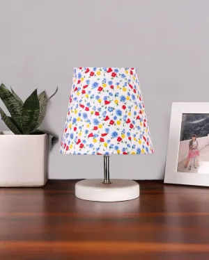 Little Floral Cotton Round Wooden White Base Table Lamp | 6 x 8 inches