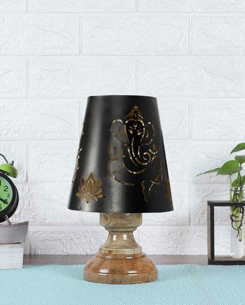 Lord Ganesha Metal Table Lamp With Natural Wood High Round Base | 6 x 8 inches