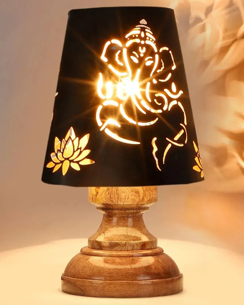 Lord Ganesha Metal Table Lamp With Natural Wood High Round Base | 6 x 8 inches