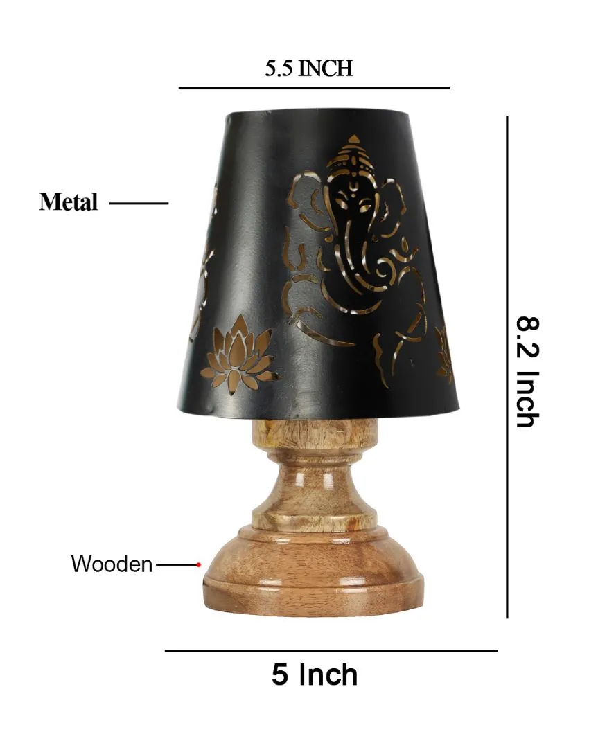 Lord Ganesha Metal Table Lamp With Natural Wood High Round Base | 6 x 8 inches