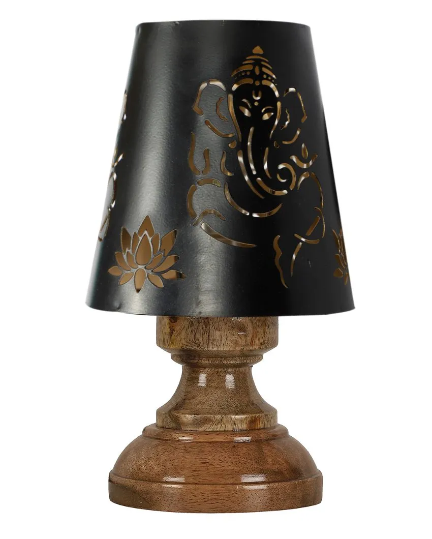 Lord Ganesha Metal Table Lamp With Natural Wood High Round Base | 6 x 8 inches