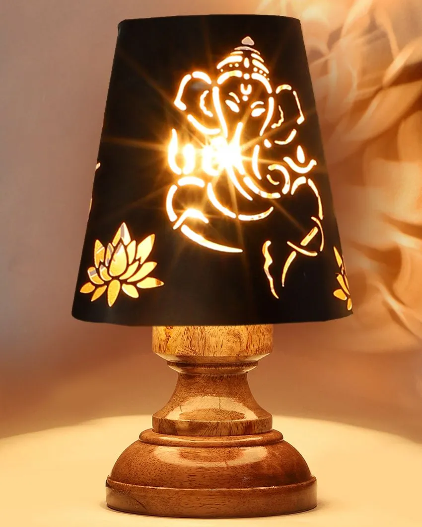 Lord Ganesha Metal Table Lamp With Natural Wood High Round Base | 6 x 8 inches