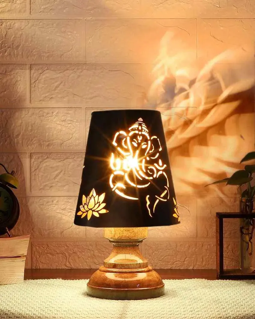 Lord Ganesha Metal Table Lamp With Natural Wood High Round Base | 6 x 8 inches