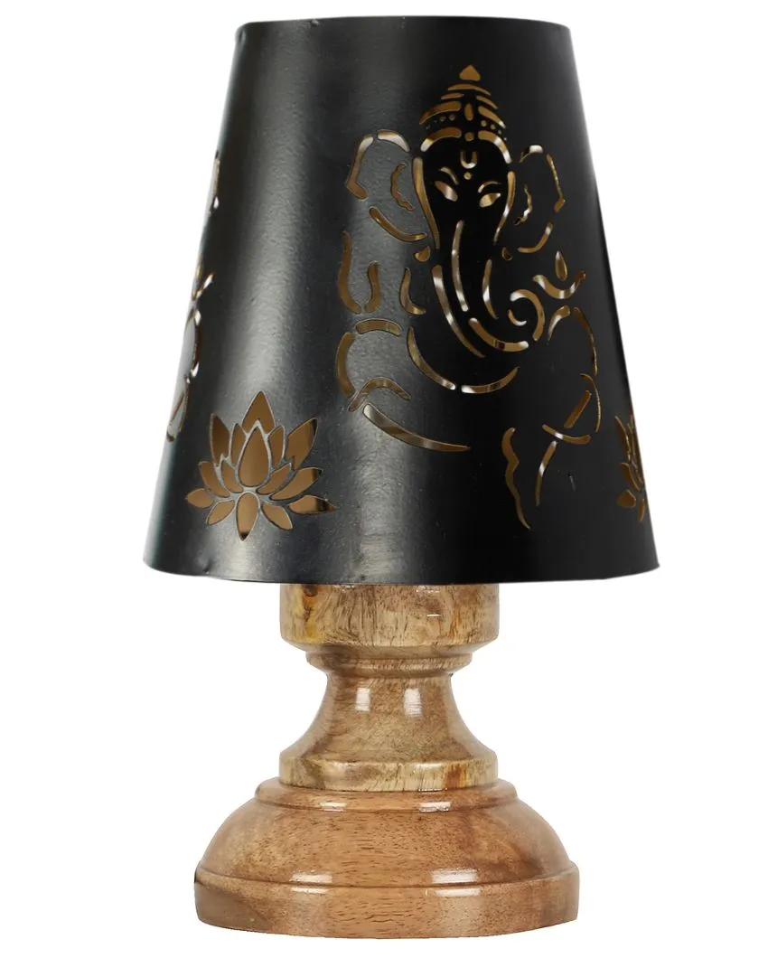 Lord Ganesha Metal Table Lamp With Natural Wood High Round Base | 6 x 8 inches