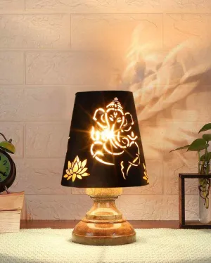 Lord Ganesha Metal Table Lamp With Natural Wood High Round Base | 6 x 8 inches