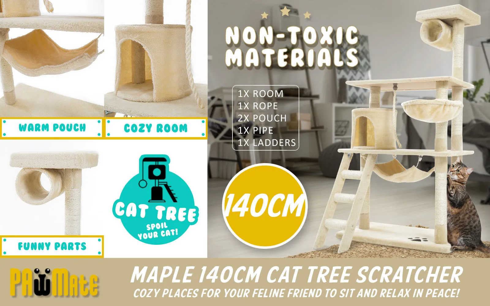 Multi-Level Cat Tree, 140cm, Plush Beige, Scratch Poles - Paw Mate