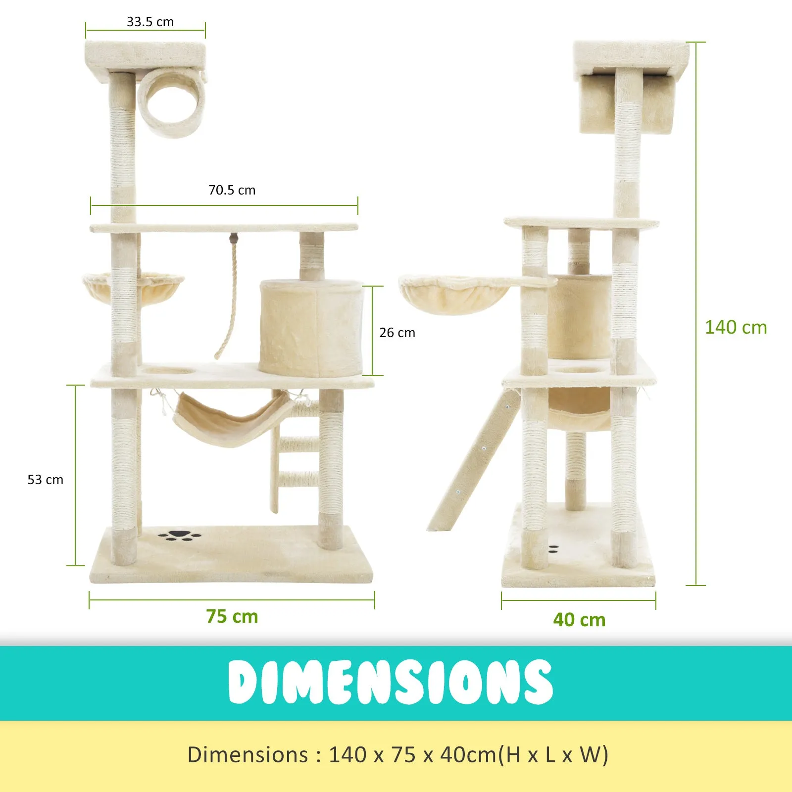 Multi-Level Cat Tree, 140cm, Plush Beige, Scratch Poles - Paw Mate