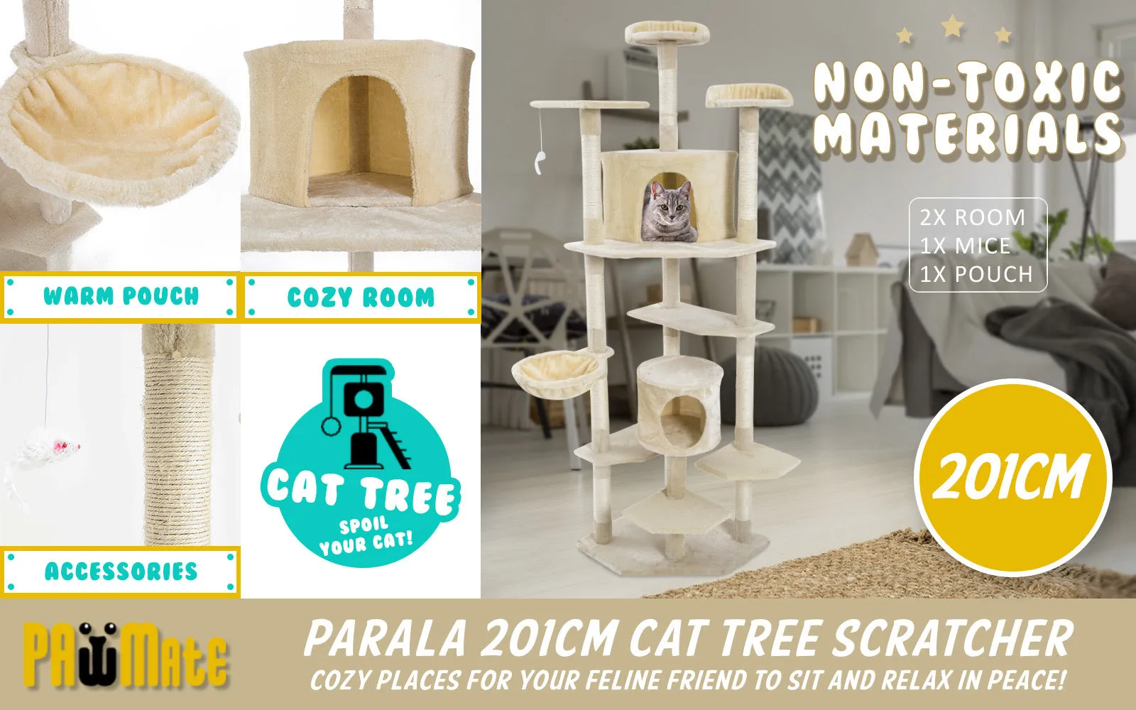 Multi-Level Cat Tree with Scratching Posts, 201cm - Paw Mate