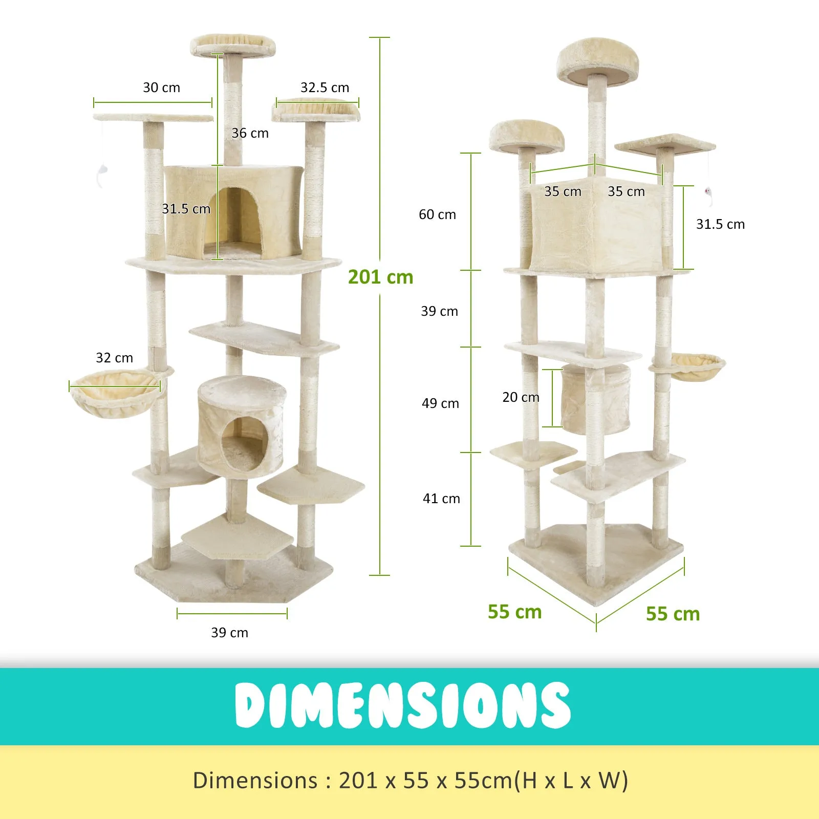 Multi-Level Cat Tree with Scratching Posts, 201cm - Paw Mate