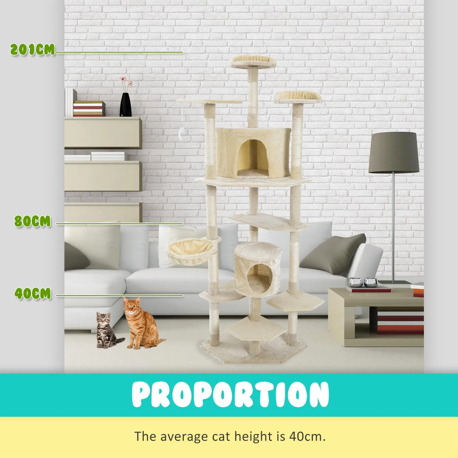 Multi-Level Cat Tree with Scratching Posts, 201cm - Paw Mate