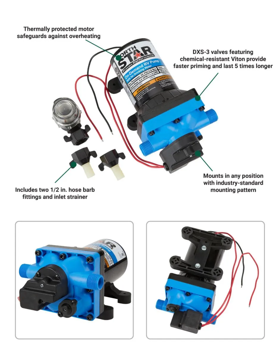 NorthStar 12 Volt On-Demand RV Potable Water Pump | 3.0 GPM | 1/2-In. NPS-M Ports