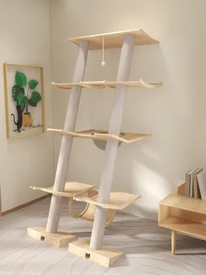 Sleek and Tall Cat Tree Castle 1.9m Cat Tree Tower Solid Wood, Modern Multi-Level Cat Condos, Space Capsule Play House