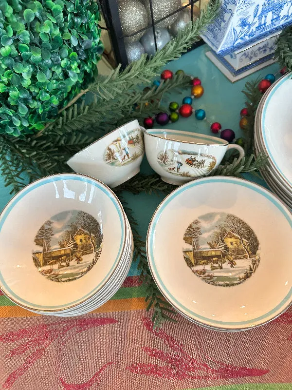 Vintage Dish Set, Currier & Ives The Farmers Home Winter Set of dishes 29 piece