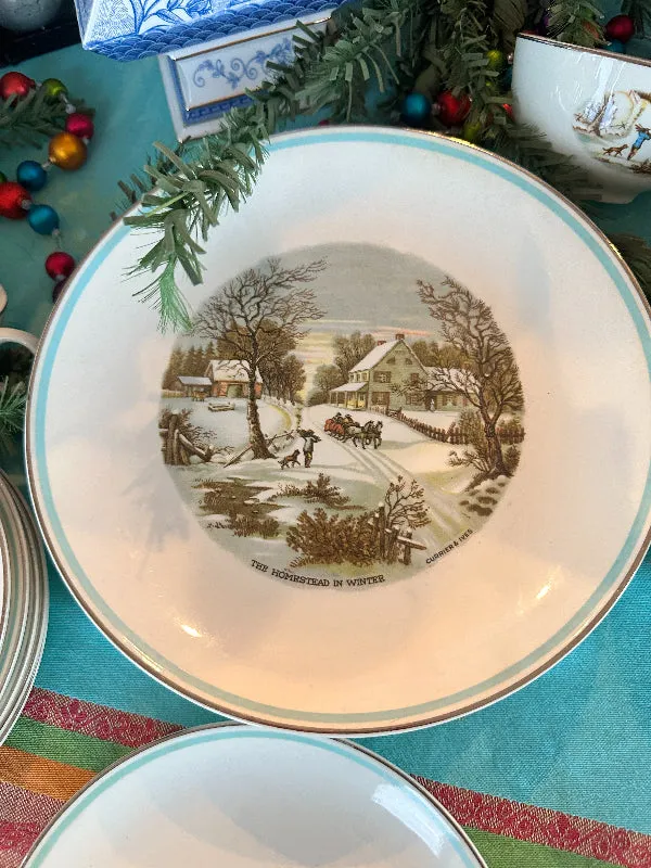 Vintage Dish Set, Currier & Ives The Farmers Home Winter Set of dishes 29 piece