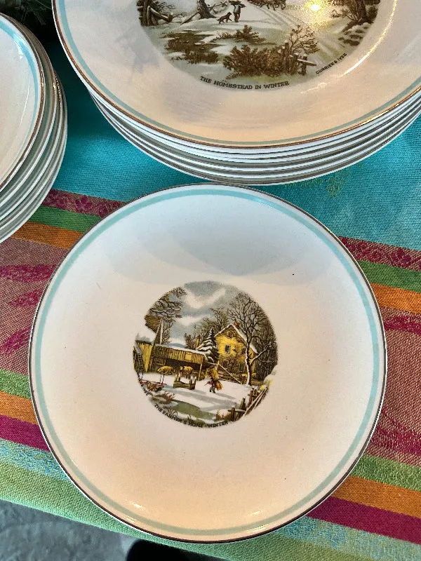 Vintage Dish Set, Currier & Ives The Farmers Home Winter Set of dishes 29 piece