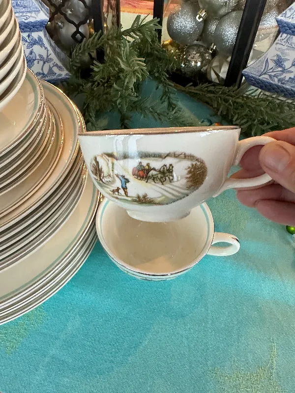 Vintage Dish Set, Currier & Ives The Farmers Home Winter Set of dishes 29 piece