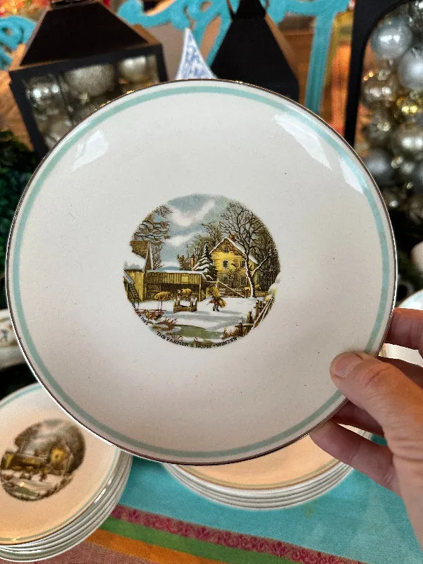 Vintage Dish Set, Currier & Ives The Farmers Home Winter Set of dishes 29 piece