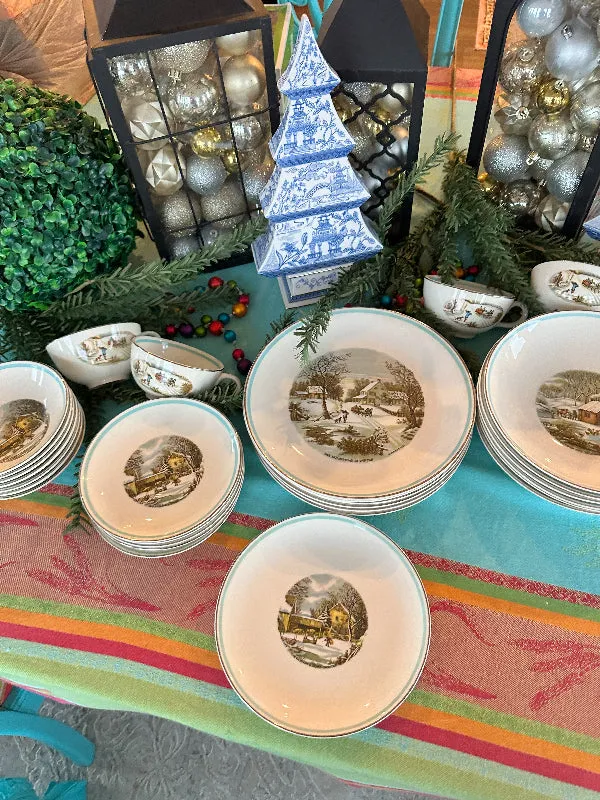 Vintage Dish Set, Currier & Ives The Farmers Home Winter Set of dishes 29 piece