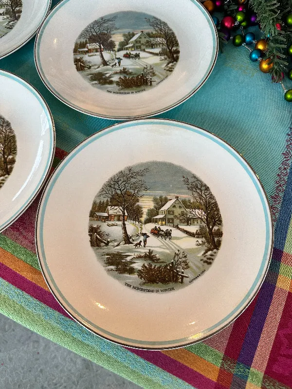 Vintage Dish Set, Currier & Ives The Farmers Home Winter Set of dishes 29 piece