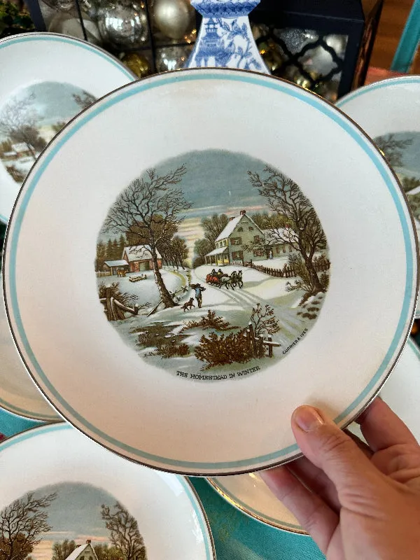 Vintage Dish Set, Currier & Ives The Farmers Home Winter Set of dishes 29 piece