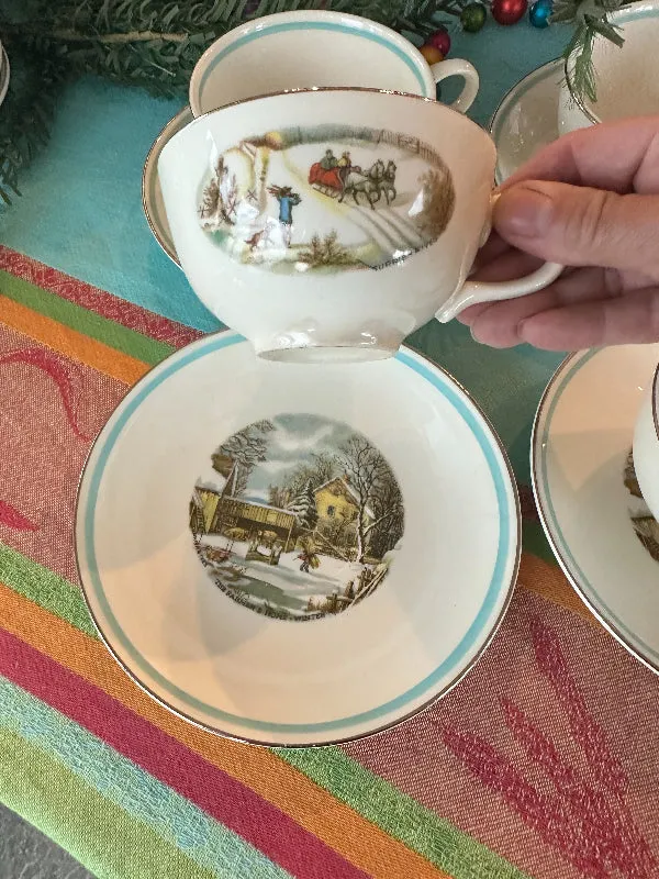 Vintage Dish Set, Currier & Ives The Farmers Home Winter Set of dishes 29 piece