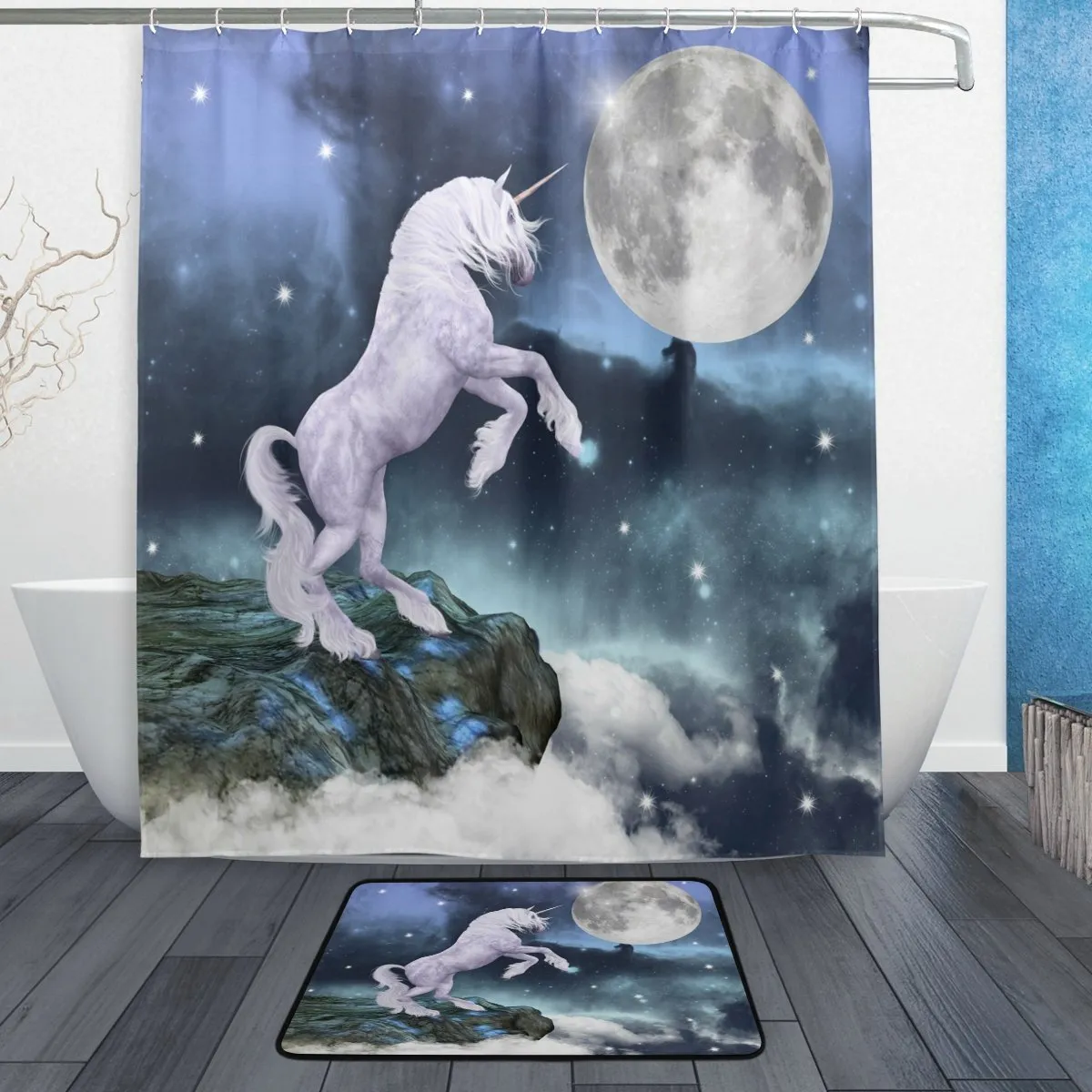 White Unicorn Full Moon Night Waterproof Polyester Fabric Shower Curtain with Hooks Doormat Bath Floor Mat Bathroom Home Decor