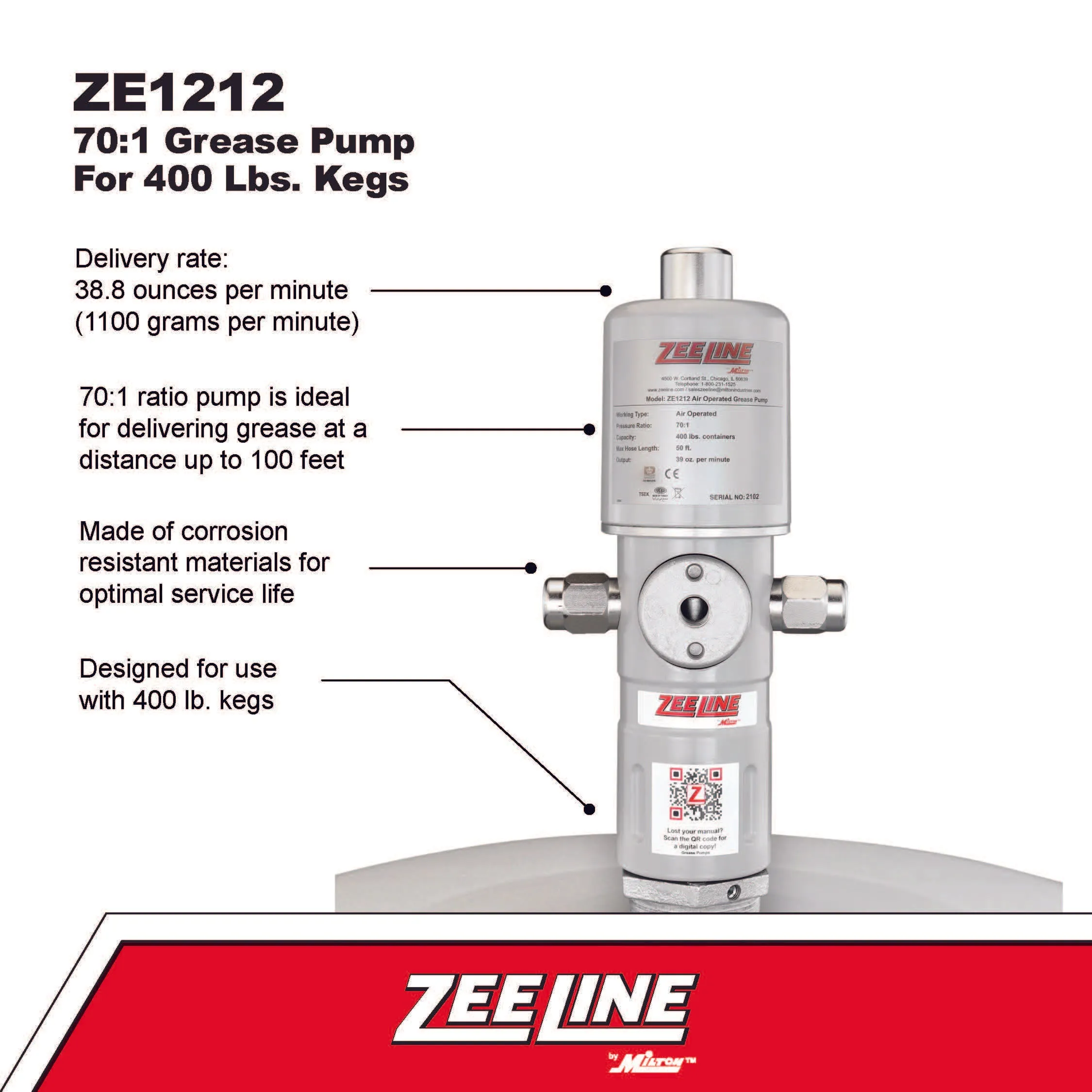 ZE1212 – 70:1 Grease Pump for 400 Lbs. Kegs